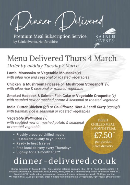 sainlo events dinner delivered menu Dinner delivered menu from sainlo events 4th march