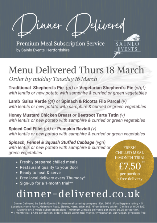 Dinner Delivered menu by sainlo events sainlo events delivery menu 18th March